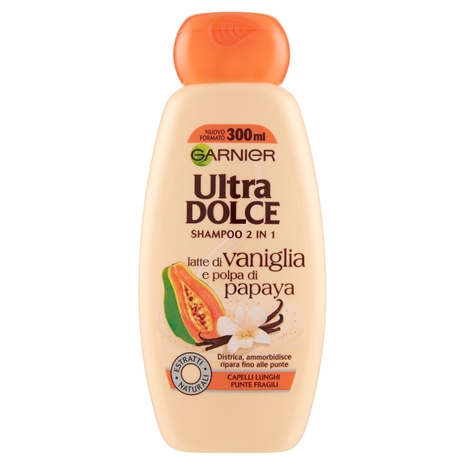 Garnier Ultra Dolce Shampoo 2in1 al latte di Vaniglia e polpa di Papaya per capelli lunghi, 300 ml